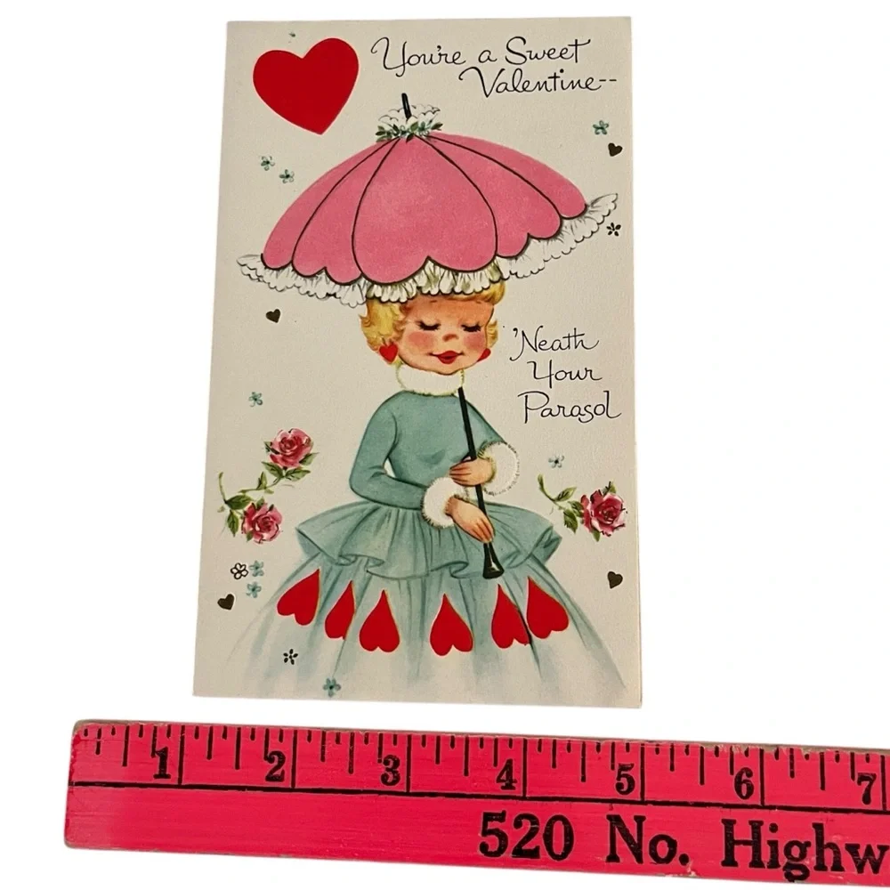 Unused Vintage Sangamon Valentine Greeting Card Woman Under a Parasol Doll